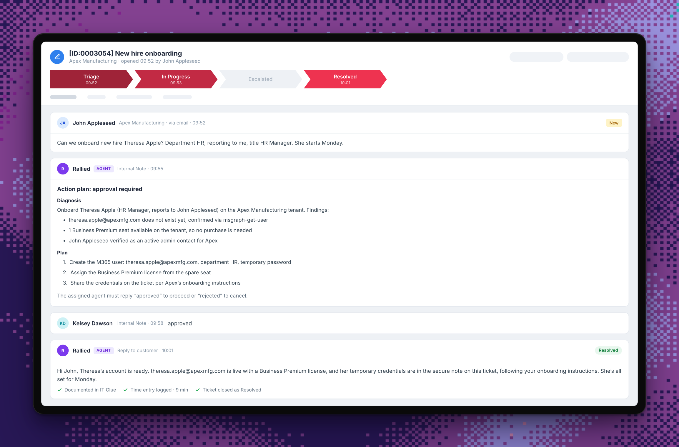 A HaloPSA ticket where Rallied diagnoses a new-hire request, drafts a plan, gets a one-word approval, and replies to the customer with the ticket resolved