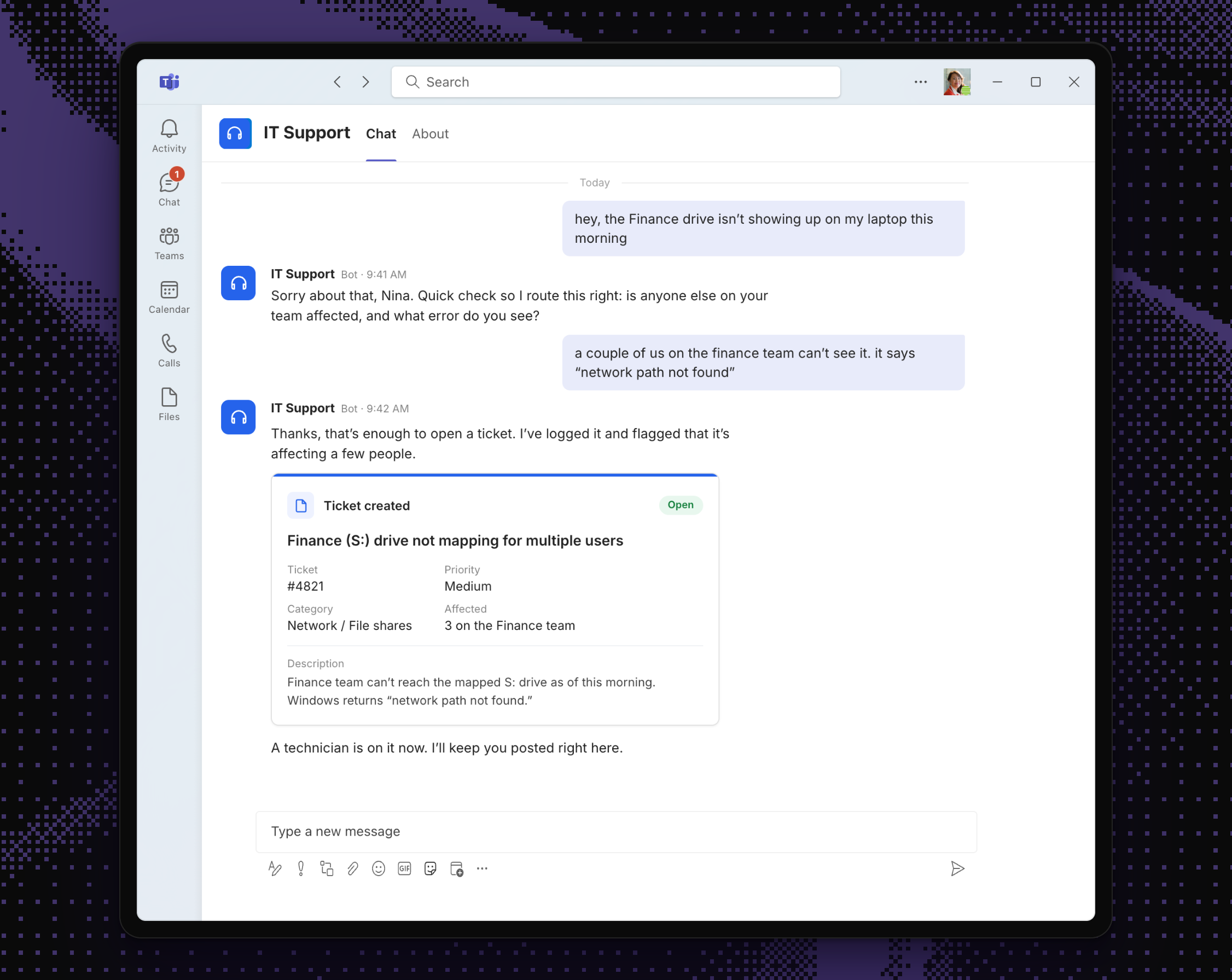 A Microsoft Teams chat where an employee reports a problem, the IT Support bot asks clarifying questions, then opens a well-described ticket with priority, category, and affected users